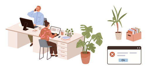 Two colleagues working on desktops at a shared desk, managing tasks amidst plants, files, and folders. Error pop-up displayed on monitor. Ideal for teamwork, productivity, workplace, collaboration