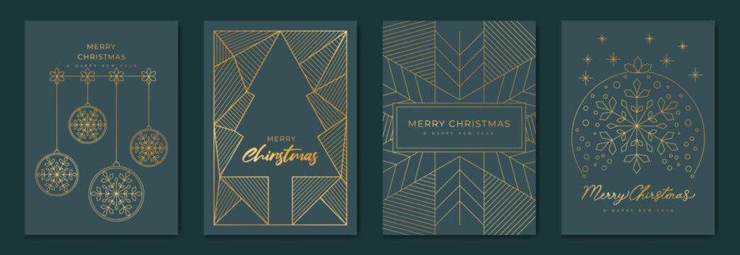 Luxury christmas invitation card art deco design vector. Christmas tree, bauble ball, snowflake line art on navy blue background. Design illustration for cover, poster, wallpaper.