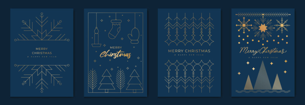 Luxury christmas invitation card art deco design vector. Christmas tree, bauble ball, snowflake, candle, sock line art on navy blue background. Design illustration for cover, poster, wallpaper.