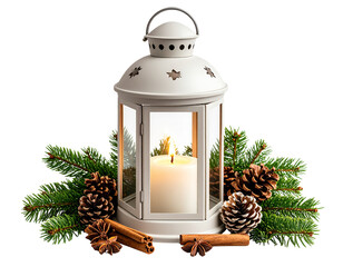 Vintage Christmas Lantern with Candle and Pinecones, isolated on a transparent background