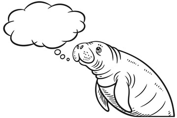 Cartoon manatee with a thought bubble isolated on white background