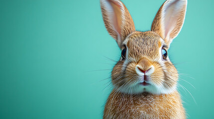 Obraz premium Close-up of a curious rabbit with big ears against a soft green background, showcasing its features