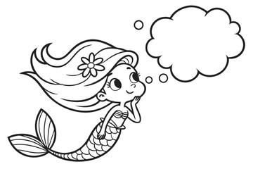 Cartoon mermaid with flower in her hair thinking isolated on white background