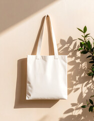 Minimalist white canvas tote bag mock-up, hanging on beige wall