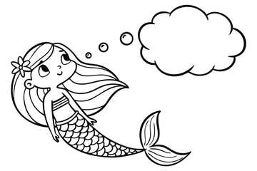 Cartoon mermaid with flower in her hair thinking about something isolated on white background