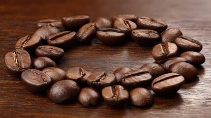 Naklejka premium Fresh coffee beans arranged in a circle, warm and inviting tones. A celebration of natural aroma and rustic charm. 