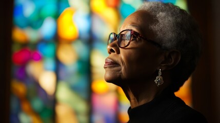 Fototapeta premium Black Woman Contemplating in Church Hall with Stained Glass