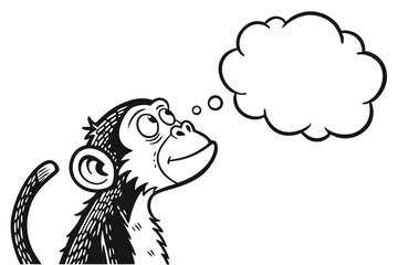 Cartoon monkey looking up at a thought bubble isolated on white background