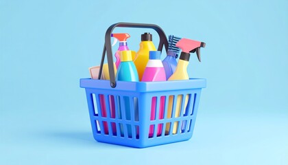 shopping basket with cleaning supplies, ready for retail purchase at a store