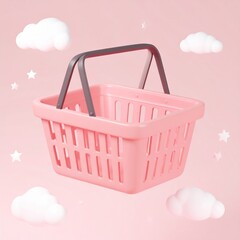 An empty pink plastic shopping basket with handles sits against a clear blue sky, ready for market purchases