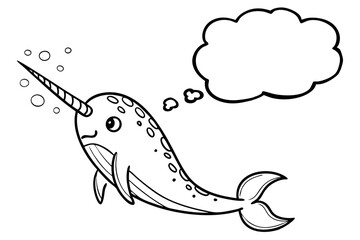 Cartoon narwhal looking up at a thought bubble isolated on white background