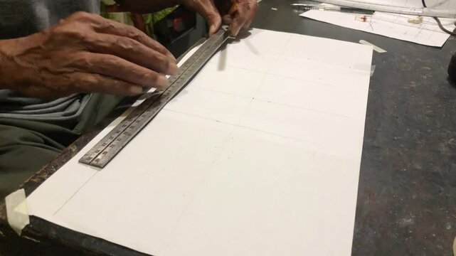 man is drafting a house plan using a pencil and T-square on a piece of bond paper at his desk. Timelapse