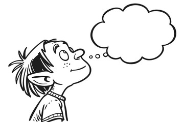 Cartoon boy with a thought bubble isolated on white background