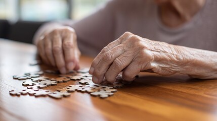 Elderly woman concentrating on solving jigsaw puzzle at wooden table, senior mental exercise and cognitive stimulation for memory care and dementia prevention.