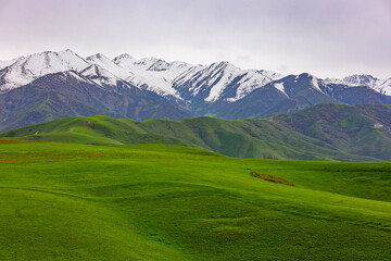 Serene landscape of snow-capped mountains and green hills in Kyrgyzstan