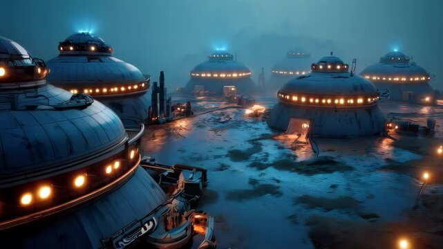 Futuristic habitat structures illuminated at night in a misty landscape on an alien planet