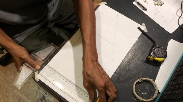 man is drafting a house plan using a pencil and T-square on a piece of bond paper at his desk. Timelapse