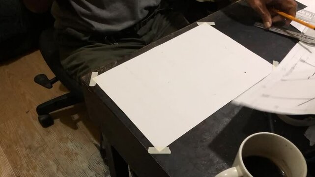 man is drafting a house plan using a pencil and T-square on a piece of bond paper at his desk. Timelapse
