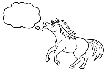 A cartoon horse with a blank thought bubble isolated on white background in a simple black and white line drawing style