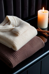 Ivory wool sweater stacked on brown knit with candle, AI-generated