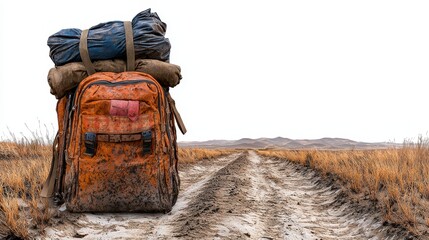 Muddy Orange Backpack on Desolate Dirt Road