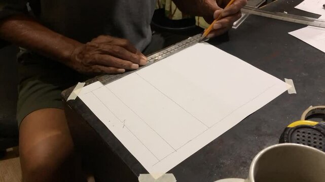 man is drafting a house plan using a pencil and T-square on a piece of bond paper at his desk. Timelapse