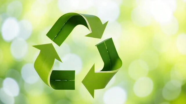 Green recycling symbol made of leaves with blurred green background  