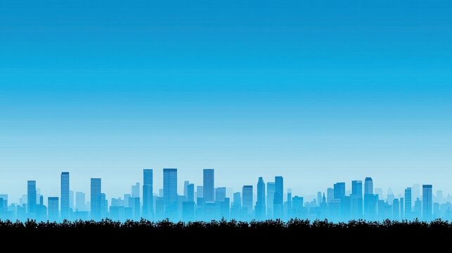 Foggy urban skyline with silhouettes against a blue sky showcasing modern architecture and city life atmosphere