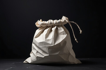 Tied cloth bag resting on matte black surface, natural texture, AI-generated

