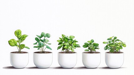 Fototapeta premium Row of potted indoor plants with decorative illustrations in a modern interior setting