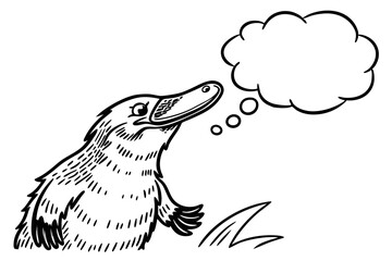 Cartoon platypus with a thought bubble isolated on white background