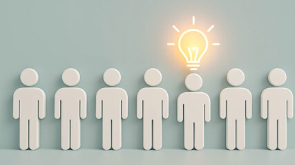 One Glowing Idea Light Bulb Above a Row of White Human Figures