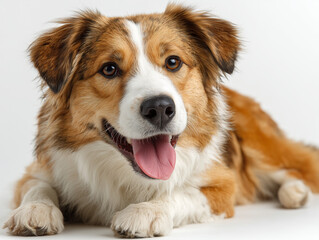 Happy medium sized dog with joyful expression, sitting and looking at camera. Its fur is mix of brown and white, showcasing friendly demeanor