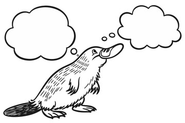 Cartoon platypus with two thought bubbles isolated on white background