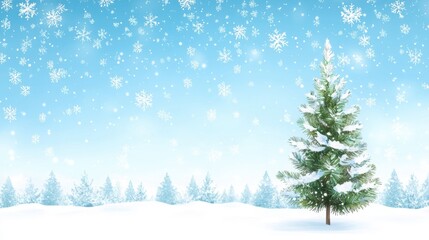 Christmas tree decorated with lights and ornaments in a snowy landscape with falling snowflakes and serene winter scenery