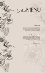 Hand Drawn Menu Template with Flycatcher Bird Surrounded by Anemone Flowers and Leaves