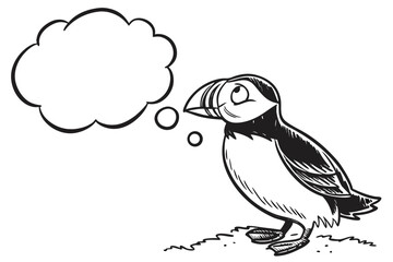 Cartoon puffin looking up at a thought bubble isolated on white background in a whimsical illustration