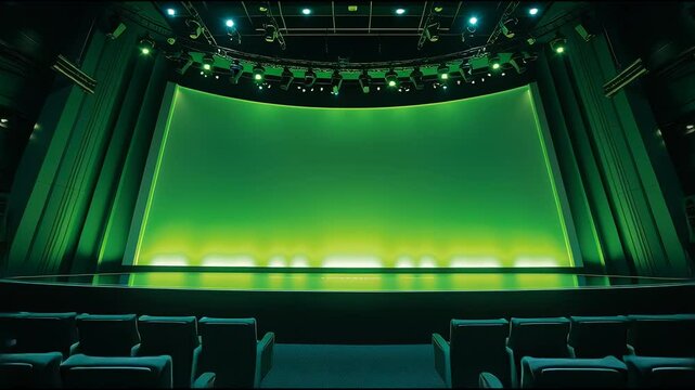 Projection screen glows green in a modern theater with empty seats and dramatic lighting during an evening performance setup