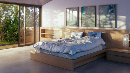 Large luxury modern bright bed room interiors 3D rendering illustration image