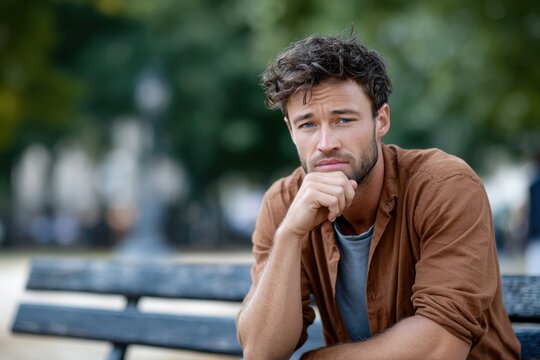 Young man expresses apprehension in colorful park while contemplating feelings of defenselessness