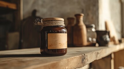 A close-up mockup of a sauce jar with a rustic label, placed on a kitchen shelf with soft daylight, AI Generative.