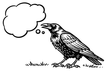 Cartoon raven standing and thinking with a thought bubble isolated on white background