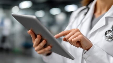 Close-up of a doctor using a tablet.  Doctor in white coat, hands holding a tablet computer, fingers touching the screen.  Blurred background suggests a medical office or clinic setting