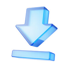 A glossy blue download arrow pointing down towards a horizontal bar on a black background created with generated ai