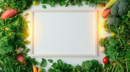 White frame with assorted vibrant vegetables on a white background illuminated by warm golden light