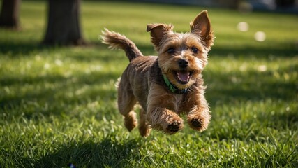 Small brown terrier dog running playfully through green grass in a sunny outdoor setting
