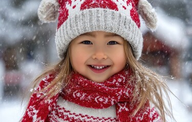 A cute little girl wearing red and white Christmas sweater, knitted hat with deer pattern and scarf is playing in the snow outdoors on New Year's Eve.