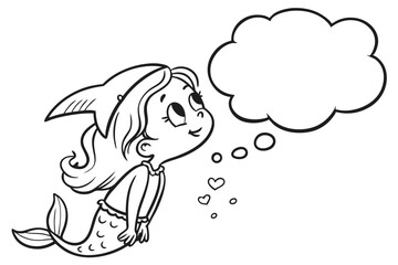 A cute cartoon mermaid with a shark fin on her head looks up at a thought bubble isolated on white background