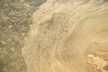 Warm coastal waters show layers of decayed phytoplankton, appearing as intricate patterns closeup...