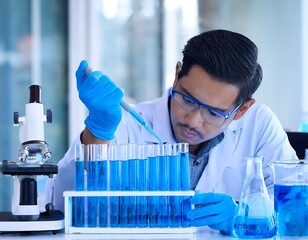 Fototapeta premium Focused young male scientist wearing safety goggles and blue gloves using a dropper to add liquid to test tubes filled with blue solution in a laboratory setting.